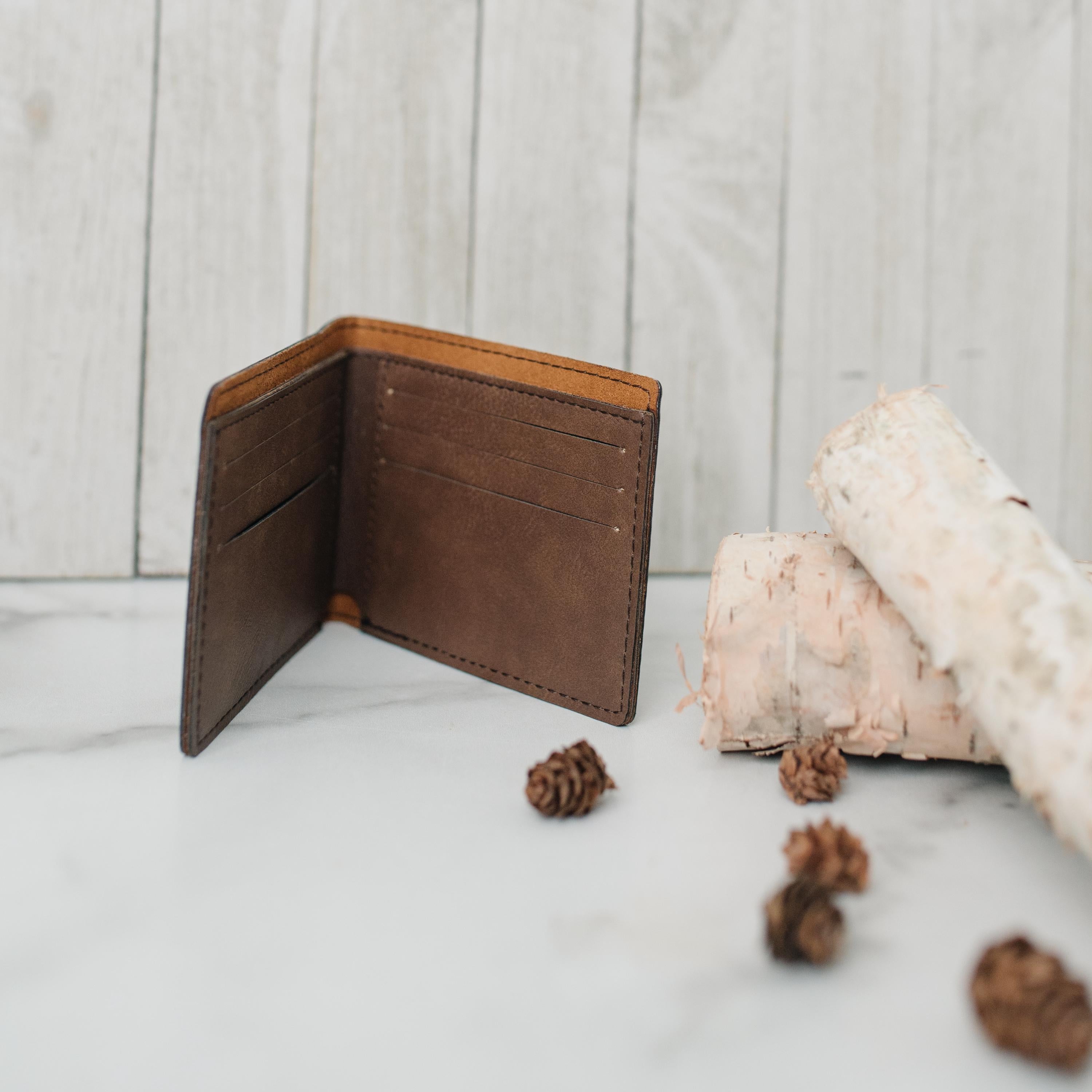 Engraved Wallet For Dad – Brown Leather Slim Bifold Wallet With Card Slots