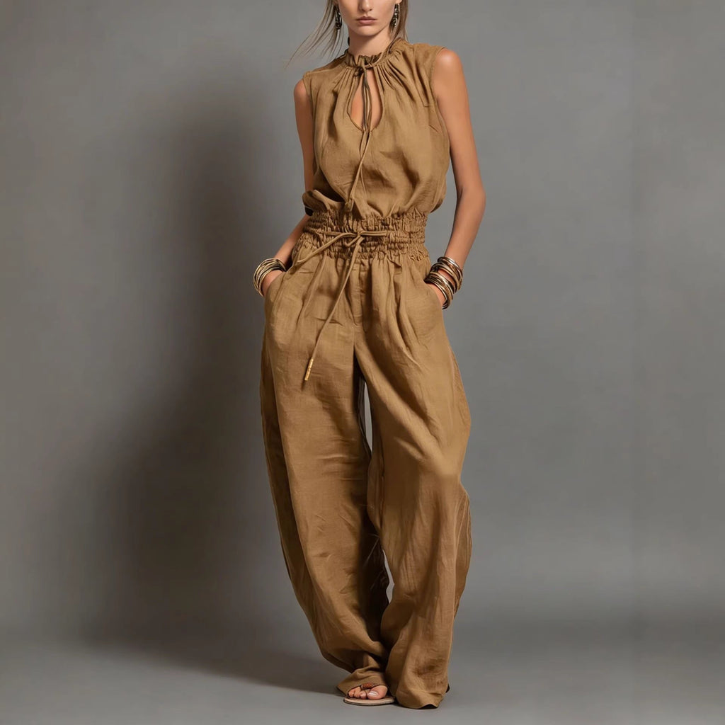 Women's Sleeveless High-Waist Wide-Leg Pleated Jumpsuit